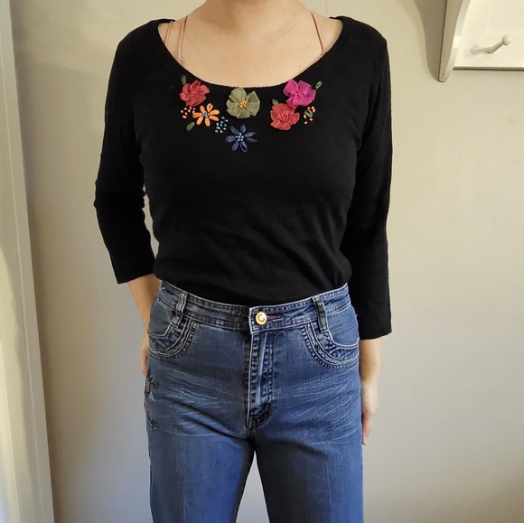 Vintage Y2K tee sweater silk cashmere flower ribbon scoop neck size Medium black - Picture 5 of 6